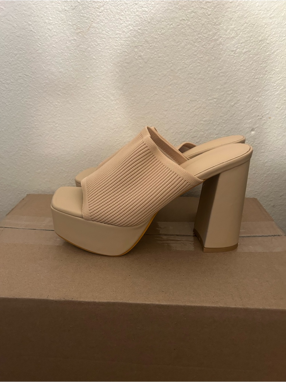 SHEIN Beige Ribbed Platform Mule Heels